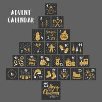 Christmas advent calendar. Hand drawn elements and numbers. Winter holidays calendar cards set design, Vector illustration