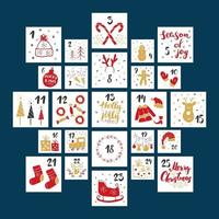 Christmas advent calendar. Hand drawn elements and numbers. Winter holidays calendar cards set design, Vector illustration