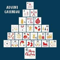 Christmas advent calendar. Hand drawn elements and numbers. Winter holidays calendar cards set design, Vector illustration