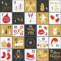 Christmas advent calendar. Hand drawn elements and numbers. Winter holidays calendar cards set design, Vector illustration