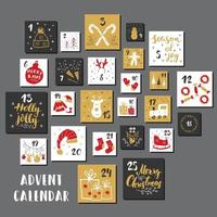 Christmas advent calendar. Hand drawn elements and numbers. Winter holidays calendar cards set design, Vector illustration