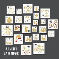 Christmas advent calendar. Hand drawn elements and numbers. Winter holidays calendar cards set design, Vector illustration