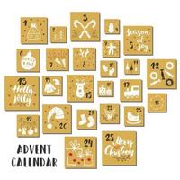 Christmas advent calendar. Hand drawn elements and numbers. Winter holidays calendar cards set design, Vector illustration