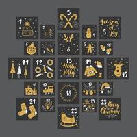 Christmas advent calendar. Hand drawn elements and numbers. Winter holidays calendar cards set design, Vector illustration