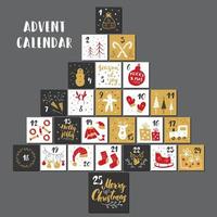 calendario de adviento de navidad. números y elementos dibujados a mano. Diseño de conjunto de tarjetas de calendario de vacaciones de invierno, ilustración vectorial vector