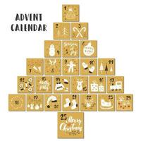 Christmas advent calendar. Hand drawn elements and numbers. Winter holidays calendar cards set design, Vector illustration