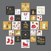 Christmas advent calendar. Hand drawn elements and numbers. Winter holidays calendar cards set design, Vector illustration