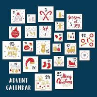 Christmas advent calendar. Hand drawn elements and numbers. Winter holidays calendar cards set design, Vector illustration