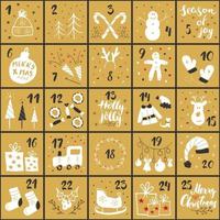 Christmas advent calendar. Hand drawn elements and numbers. Winter holidays calendar cards set design, Vector illustration