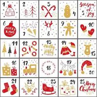 Christmas advent calendar. Hand drawn elements and numbers. Winter holidays calendar cards set design, Vector illustration