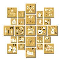 Christmas advent calendar. Hand drawn elements and numbers. Winter holidays calendar cards set design, Vector illustration