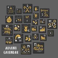 Christmas advent calendar. Hand drawn elements and numbers. Winter holidays calendar cards set design, Vector illustration