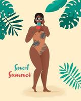 Retro Summer poster. Woman with ice cream on the beach. Vector illustration in pin up, flat style