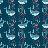 Marine Seamless pattern with cute blue whale and algae. Vector illustration in simple Scandinavian style