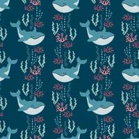 Marine Seamless pattern with cute blue whale and algae. Vector illustration in simple Scandinavian style