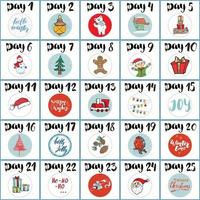 Christmas advent calendar. Hand drawn elements and numbers. Winter holidays calendar cards set design, Vector illustration