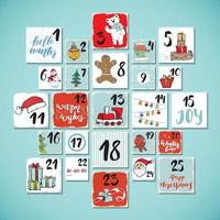 Christmas advent calendar. Hand drawn elements and numbers. Winter holidays calendar cards set design, Vector illustration