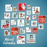 Christmas advent calendar. Hand drawn elements and numbers. Winter holidays calendar cards set design, Vector illustration