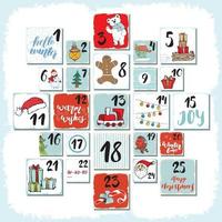 Christmas advent calendar. Hand drawn elements and numbers. Winter holidays calendar cards set design, Vector illustration