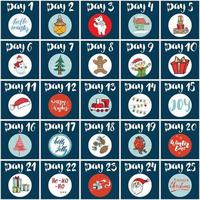 Christmas advent calendar. Hand drawn elements and numbers. Winter holidays calendar cards set design, Vector illustration