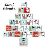 Christmas advent calendar. Hand drawn elements and numbers. Winter holidays calendar cards set design, Vector illustration