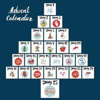 Christmas advent calendar. Hand drawn elements and numbers. Winter holidays calendar cards set design, Vector illustration