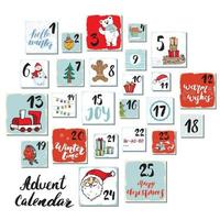 Christmas advent calendar. Hand drawn elements and numbers. Winter holidays calendar cards set design, Vector illustration