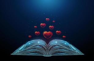 Low poly abstract open book with flying hearts vector