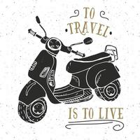 Etiqueta vintage de moto scooter, boceto dibujado a mano, insignia retro con textura grunge, estampado de camiseta de diseño de tipografía, ilustración vectorial vector