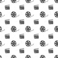 Cinema tape, film reel and clapperboard vintage seamless pattern, handdrawn sketch, retro movie and film industry, vector illustration