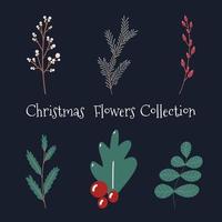 Christmas floral collection with winter decorative plants and flowers Cute hand drawn in Scandinavian style Illustration of winter berries and branches of a Christmas tree vector