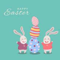 Two cartoon easter bunnies happily playing near easter eggs Bright easter card in cartoon style Happy easter card with bunnies and eggs vector illustrations on a pastel turquoise background