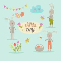 conjunto de lindos personajes de dibujos animados de pascua y elementos de diseño conejito de pascua mariposas huevos y flores ilustración vectorial sobre un fondo turquesa pastel vector