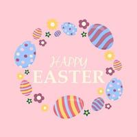 Happy easter card with eggs and text vector illustrations on a pink background.Easter eggs in the form of a wreath Copy space