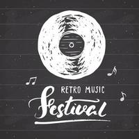 Disco de vinilo y festival de música retro de letras, etiqueta vintage, diseño de tipografía de cartel boceto dibujado a mano, insignia retro con textura grunge, estampado de camisetas, ilustración vectorial vector