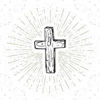 etiqueta vintage, cruz cristiana dibujada a mano, signo religioso, símbolo de crucifijo insignia retro con textura grunge, impresión de camiseta de diseño de tipografía, ilustración vectorial.