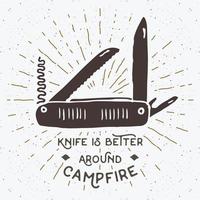 Vintage label, Hand drawn Multifunctional pocket knife, grunge textured hiking and camping equipment tool, retro badge or T-shirt typography design with sunrays, vector illustration.