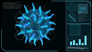 un ordinateur de recherche futuriste sur le moniteur numérique analyse et traite pour arrêter le virus. en modifiant l'ADN pour combattre divers virus video