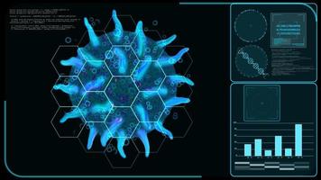 Futuristic digital monitor research computer is analyzing and processing to stop the virus. By modifying DNA to fight various viruses video