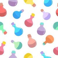 A seamless pattern with magic potions, bottles, jars isolated on a white background. Vector illustration