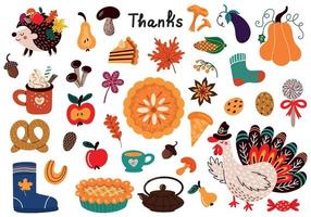 Collection of colorful vector illustrations of various types of food with turkey and autumnal decorations for traditional Thanksgiving celebration concept designs