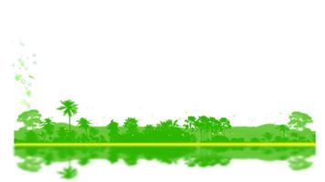 hojas verdes volando y reflejos borrosos en la costa y el fondo de la colina del bosque para el banner youtune descripción del título de la letra de las redes sociales y texto de animación video