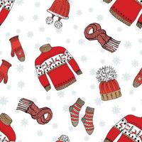 Winter season doodle clothes seamless pattern. Hand drawn sketch elements warm socks, gloves and hats. striped vector background illustration.