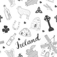 Ireland Sketch Doodles Seamless Pattern. Irish Elements with flag and map of Ireland, Celtic Cross, Castle, Shamrock, Celtic Harp, Mill and Sheep, Whiskey Bottles and Irish Beer, Vector Illustration