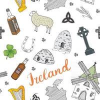 Ireland Sketch Doodles Seamless Pattern. Irish Elements with flag and map of Ireland, Celtic Cross, Castle, Shamrock, Celtic Harp, Mill and Sheep, Whiskey Bottles and Irish Beer, Vector Illustration