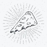 etiqueta vintage de rebanada de pizza, boceto dibujado a mano, insignia retro con textura grunge, estampado de camiseta de diseño de tipografía, ilustración vectorial vector