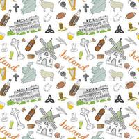 Ireland Sketch Doodles Seamless Pattern. Irish Elements with flag and map of Ireland, Celtic Cross, Castle, Shamrock, Celtic Harp, Mill and Sheep, Whiskey Bottles and Irish Beer, Vector Illustration