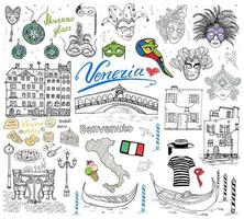 Venice Italy sketch elements. Hand drawn set with. Drawing doodles vector illustration