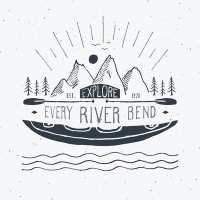 Kayak and canoe vintage label, Hand drawn sketch, grunge textured retro badge, typography design t-shirt print, vector illustration