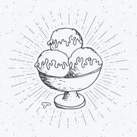 boceto de helado, etiqueta vintage, insignia texturizada grunge dibujada a mano, plantilla de logotipo retro, ilustración de vector de diseño de tipografía.